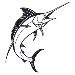 Jumping Marlin Fish Black and White Vector Line Art Drawing