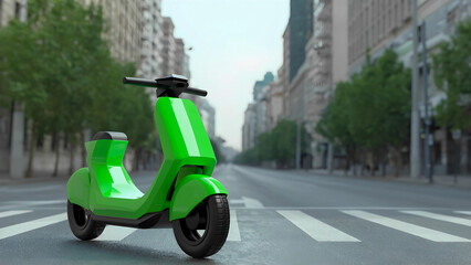 Bright green electric scooter parked on empty city street during daytime
