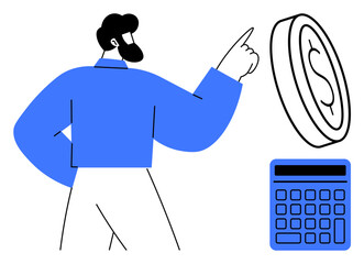 Man with beard gesturing toward a large coin and calculator as symbols of economic planning. Ideal for finance, investment, savings, accounting, budgeting, economics, decision-making. Flat simple