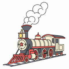 Vintage Red and Gray Cartoon Steam Train Illustration Locomotive Star White Smoke Puffs on Railway Tracks