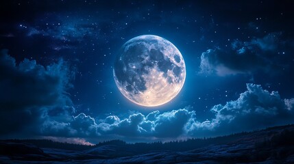 Fototapeta premium Night sky moon landscape wallpaper full moon bright moonlight starry night clouds dark blue background serene 100