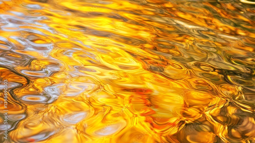 Poster close-up view of rippling golden fluid showcases soft waves and light refractions, perfect for luxur