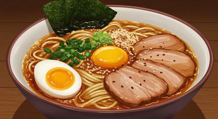 A steaming bowl of ramen, a comforting culinary journey featuring rich broth, tender pork slices, a soft-boiled egg, and spring onions, all depicted with vibrant colors and detail.