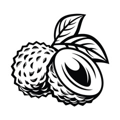 Simple Lychee Fruit with Leaves, Black and White Outline, Cut Lychee Half Icon