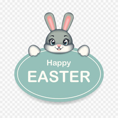 Cute Easter rabbit with a blue board for text. Easter bunny. Symbol of Easter. Vector children's illustration.