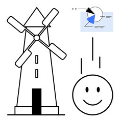 Windmill standing with happy face and abstract pie chart and data lines. Ideal for sustainability, environment, renewable energy, technology, innovation, clean energy, growth. Flat simple metaphor