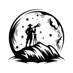 Silhouette Man with Telescope on Mountain, Stars, Moon, Night Sky, Isolated on White