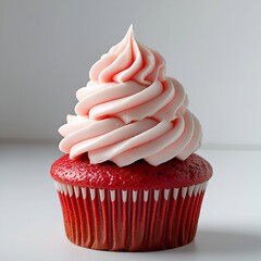 "Beautifully decorated red cupcake with soft white swirl, photographed front-on with a pure white background"