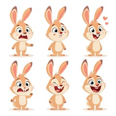 Cute Bunny Rabbit Cartoon Character Set Six Poses Expressions Emotions