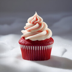 "Beautifully decorated red cupcake with soft white swirl, photographed front-on with a pure white background"