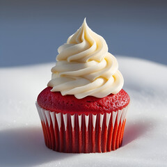 "Beautifully decorated red cupcake with soft white swirl, photographed front-on with a pure white background"