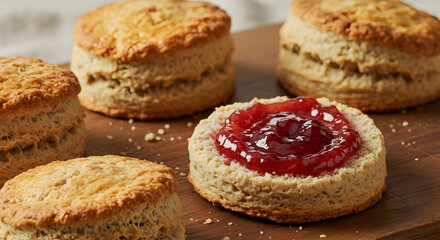 Fresh Gluten Free Scones With Strawberry Jam Served On Wooden Plate