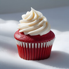 "Beautifully decorated red cupcake with soft white swirl, photographed front-on with a pure white background"