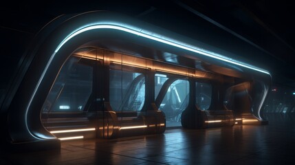 Futuristic metro entrance sleek metallic arches ambient LED strip lights dynamic urban energy soft reflections crisp architectural lines ultrarealistic v ar Image