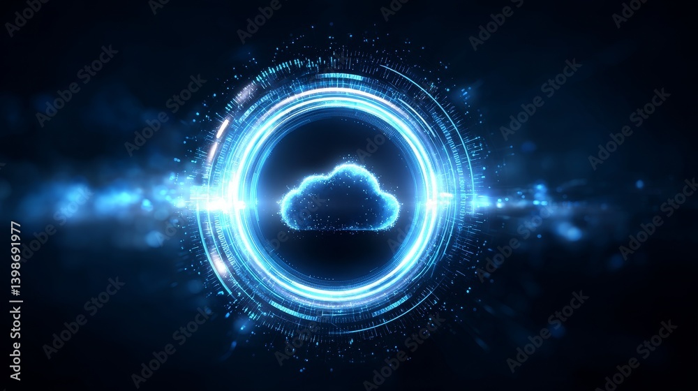 Poster cloud technology concept - abstract glowing cloud symbol within a ring, representing cloud computing