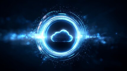 Cloud Technology Concept - Abstract glowing cloud symbol within a ring, representing cloud computing and data storage