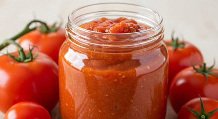 Fresh Homemade Tomato Sauce in a Glass Jar with Ripe Tomatoes Around