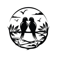 Silhouette Lovebirds on Branch, Tree, Sky and Birds. Circular Design Elements
