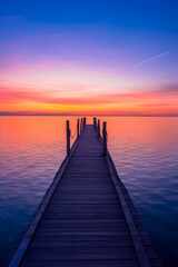 Fototapeta premium Serene wooden pier extending into vibrant sunset over calm waters