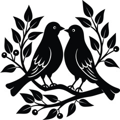 Silhouette of Two Birds Perched on Branch with Leaves and Berries, Black and White