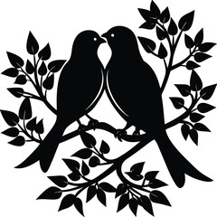 Two Bird Silhouette on Tree Branch with Leaves, Black and White Flat Design