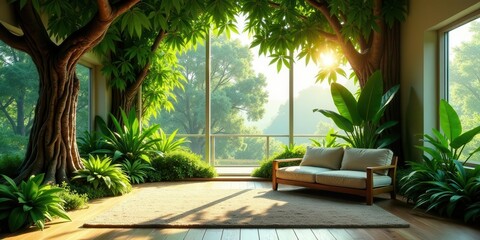 Serene Indoor Oasis Sunlight Streaming Through Expansive Windows, Bathed in Lush Greenery, Featuring Comfortable Seating and a Tranquil Atmosphere