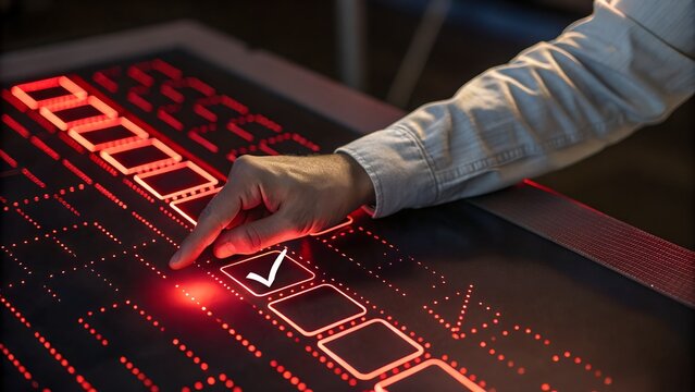 Digital Checklist Concept. A person interacting with a digital checklist featuring neon check marks on a futuristic interface, highlighting tasks and goals in a technologically advanced setting.
