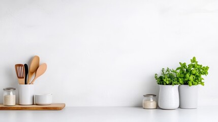 Kitchen counter with utensils and herbs