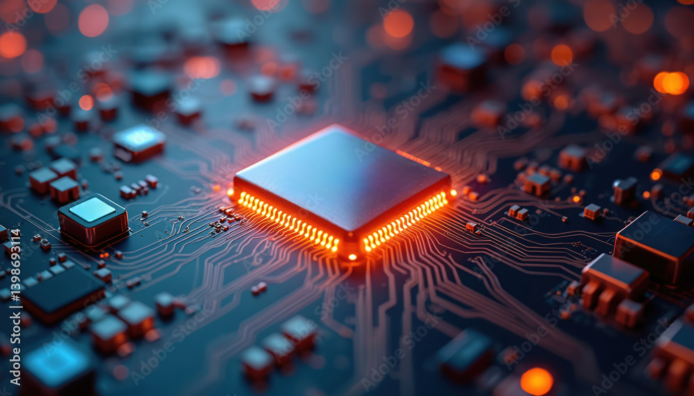 Poster Illustration of blockchain technology with digital background. Glowing processor, microchip circuit board, data transmission, network connection concept. Innovation, futuristic technology,