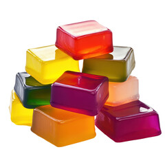Colorful, stacked gelatin cubes on a white background, showcasing vibrant hues for culinary use