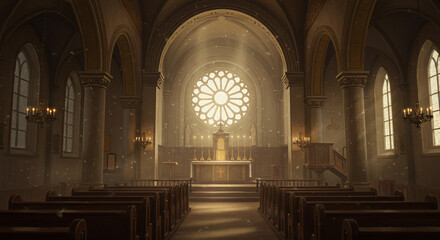 A serene, sunlit church interior evokes a sense of peace and quiet contemplation, bathed in warm golden light filtering through a magnificent rose window.