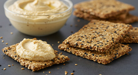 Fototapeta premium Gluten Free Sesame Seed Crackers with Creamy Hummus Dip Presentation
