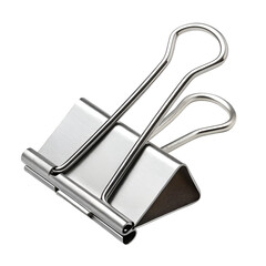 Single silver paper clip isolated on a transparent background, detailed close-up of metallic office stationery commonly used for binding papers together.