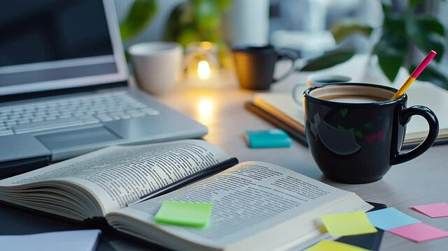 A well-organized study desk with open textbooks, neatly highlighted exam notes, colorful sticky notes, and a cup of coffee, creating a productive learning environment.