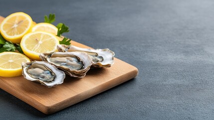 Fresh oysters with lemon and parsley on wood cutting board seafood culinary concept