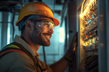 male commercial electrician at work on a fuse box, adorned in safety gear, demonstrating professionalism