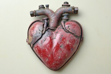 A metallic art piece depicting a stylized human heart