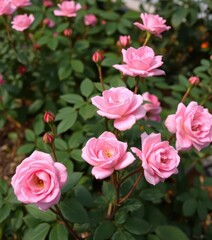 Delicate pink rose bush, single long-stemmed blooms in garden, rose bush, plant life, leaves