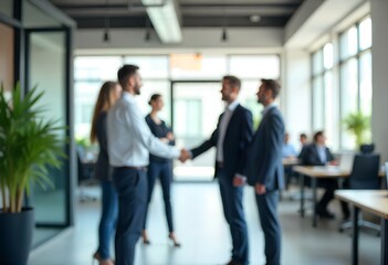 Flat scene of business people shaking hands in a modern office space, clean layout.