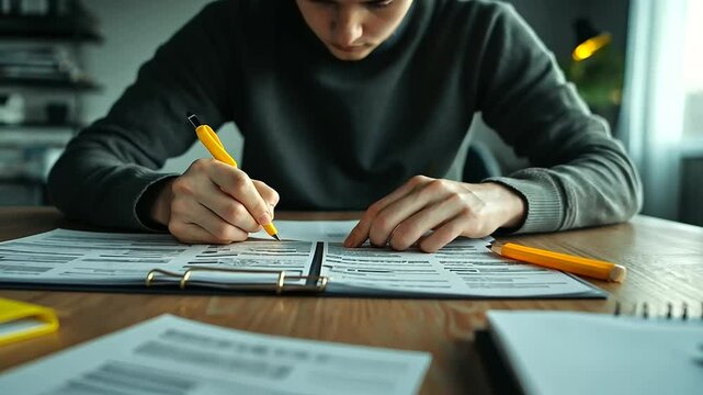 A desk covered in flashcards, exam guides, and a highlighter marking crucial details, with a focused student in the background preparing for an important test.