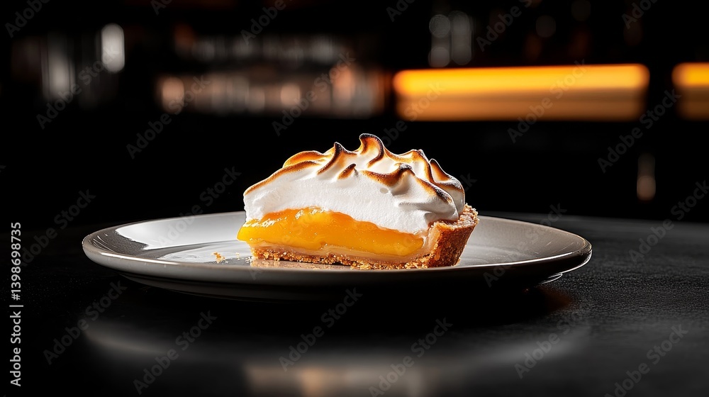 Poster close-up view of a slice of lemon meringue pie displaying toasted fluffy peaks, vibrant lemon curd, 