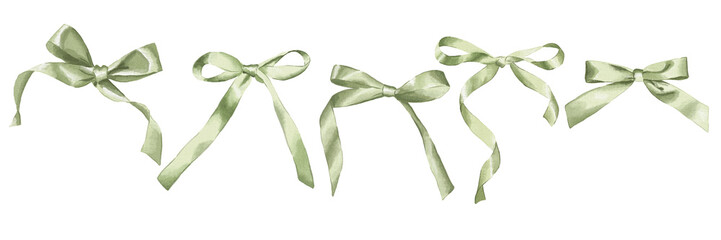 Set of green satin bows - watercolor, hand drawn illustration. Perfect for invitations, gift wrap design, scrapbooking, branding and decorative projects.