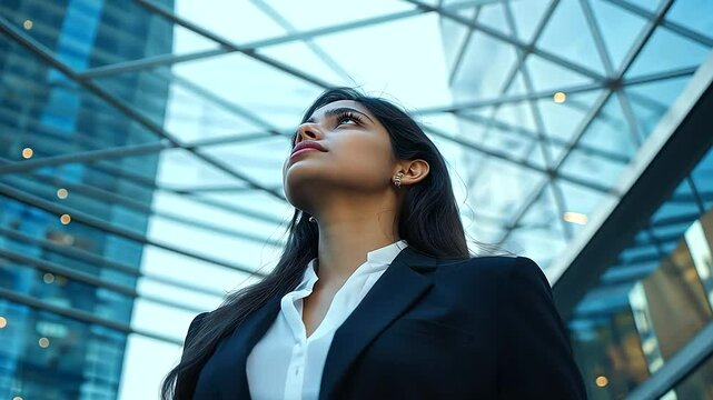 A distraught Indian female entrepreneur, standing in a modern business plaza, forehead against the cold steel structure of a high-rise, symbolizing corporate struggle.