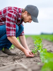 Farmer Planting Soybeans in Field - A farmer carefully plants soybeans in a fertile field, showcasing dedication to agriculture and sustainable farming practices