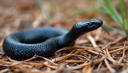 Eastern indigo snake slithers right, tongue out. Reptile with black scales detail head. Long leaf pine needles. Wildlife photography of threatened animal. Rare predator in natural habitat. Close up