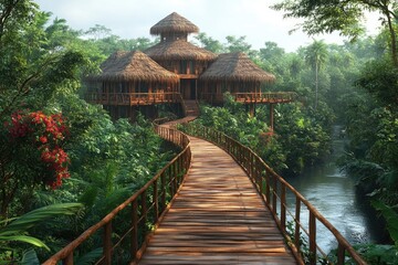 Fototapeta premium A tranquil, wooden hut set amid a lush forest, with a winding pathway leading to it