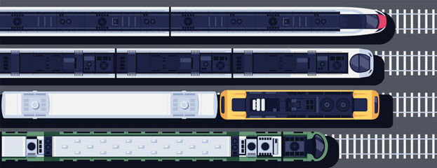 Trains set top view. View from above. Modern high-speed express passenger train. Locomotive with wagons on the railroad. Railway station. Vector illustration. Realistic design. Cartoon flat style. © Ihor