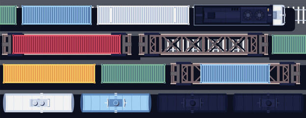 Trains set top view. View from above. Modern freight train. Locomotive with wagons and tanks on the railroad. Railway station. Vector illustration. Realistic design. Cartoon flat style. © Ihor