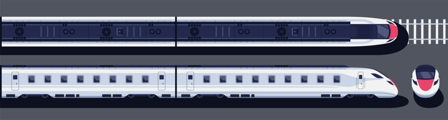 Train set top, side and front view. View from above. Modern high-speed express passenger train. Wagons on the railroad. Railway station. Vector illustration. Realistic design. Cartoon flat style. © Ihor