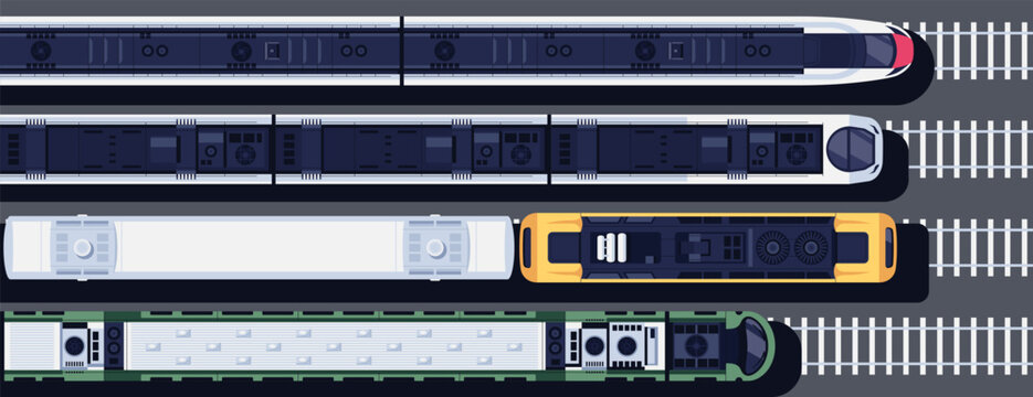 Trains set top view. View from above. Modern high-speed express passenger train. Locomotive with wagons on the railroad. Railway station. Vector illustration. Realistic design. Cartoon flat style.